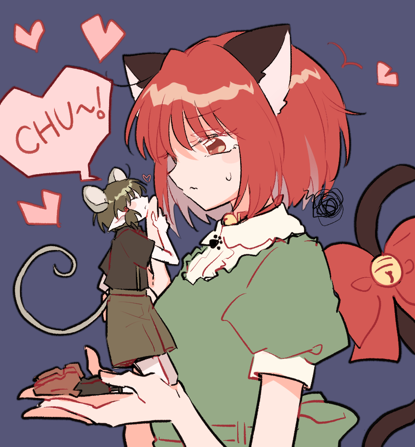 1boy 1girl animal_ears carrying carrying_person cat_ears cat_girl cat_tail giant giantess heart hs1122 kiss kissing_hand kneeling mini_person miniboy momomiya_ichigo mouse_boy mouse_ears mouse_tail quiche_(tokyo_mew_mew) standing_on_another's_hand standing_on_person tail tokyo_mew_mew
