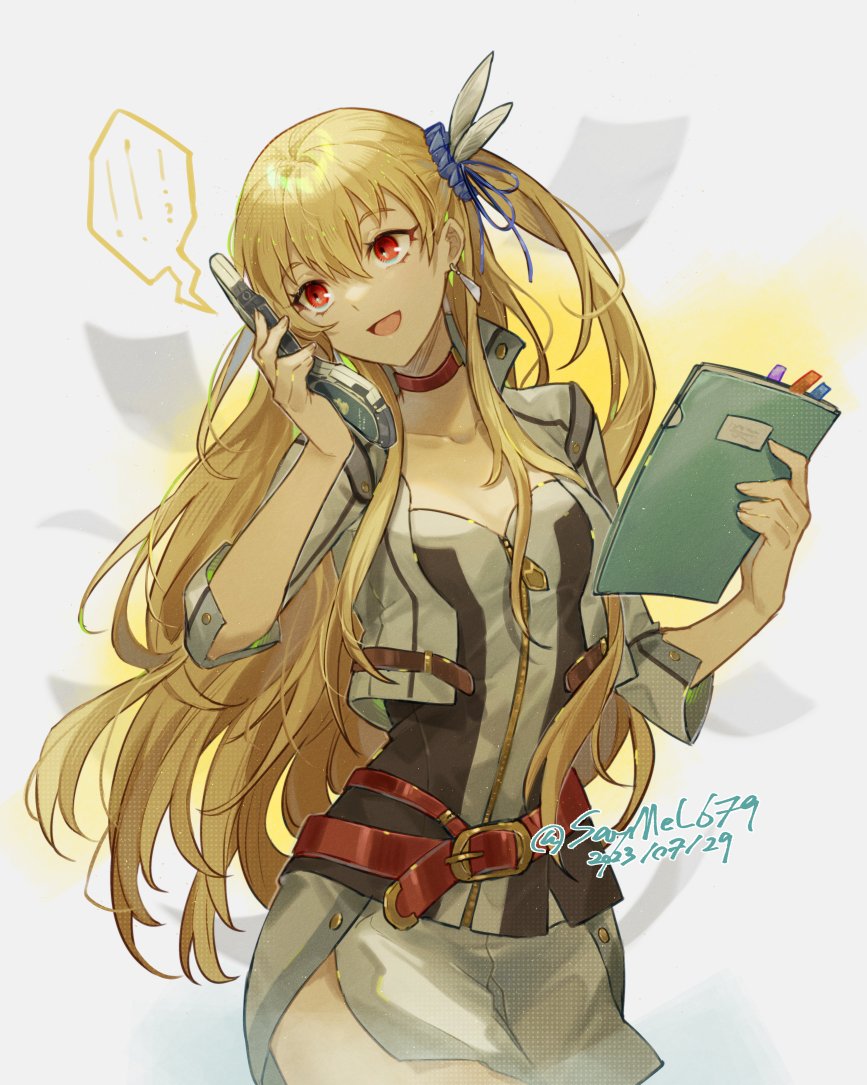 1girl alisa_reinford blonde_hair choker commentary_request cropped_jacket dated double-parted_bangs earrings eiyuu_densetsu feather_hair_ornament feathers hair_between_eyes hair_ornament holding holding_notebook holding_phone jewelry long_hair notebook open_mouth phone ponytail red_eyes saymel679 sen_no_kiseki sen_no_kiseki_iii short_sleeves side_ponytail smile solo talking_on_phone twitter_username