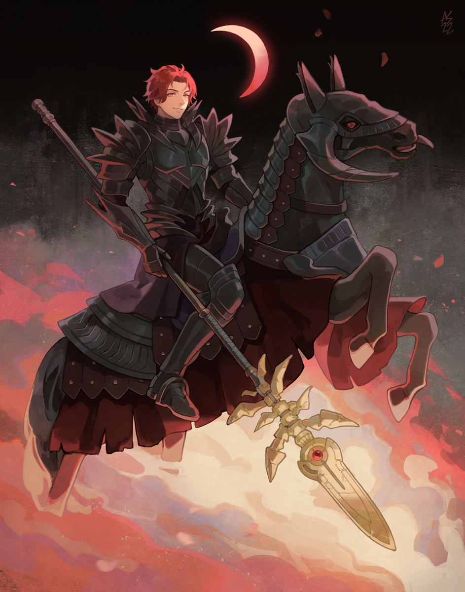 1boy animal armor barding breastplate crescent_moon driftwoodwolf fire_emblem fire_emblem:_three_houses gauntlets highres holding holding_polearm holding_weapon horse horseback_riding looking_at_viewer male_focus moon polearm red_moon redhead riding shoulder_armor spear sylvain_jose_gautier weapon yellow_eyes