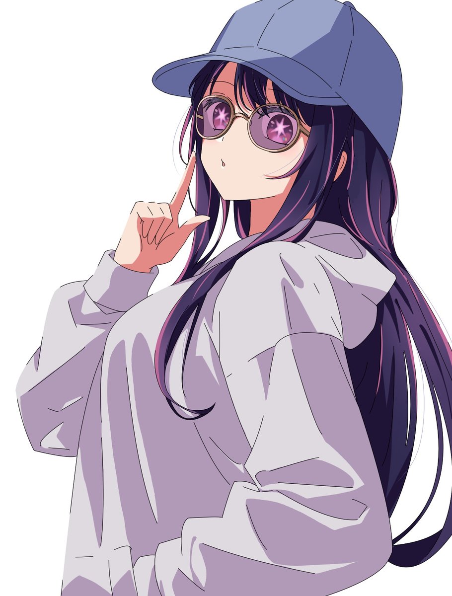 1girl baseball_cap bespectacled blue_headwear breasts censored commentary_request glasses hand_in_pocket hat highres hood hoodie hoshino_ai_(oshi_no_ko) index_finger_raised kusana_(kusana47454281) long_hair long_sleeves looking_at_viewer medium_breasts mosaic_censoring multicolored_hair oshi_no_ko parted_lips pink_hair puffy_sleeves purple-tinted_eyewear sidelocks simple_background solo star-shaped_pupils star_(symbol) streaked_hair symbol-shaped_pupils tinted_eyewear upper_body violet_eyes white_background white_hoodie