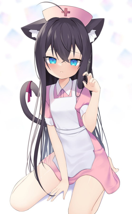 1girl animal_ear_fluff animal_ears apron barefoot between_legs black_hair blue_eyes blurry blurry_background blush cat_ears cat_girl cat_tail closed_mouth collared_shirt commentary_request depth_of_field dress_shirt hair_between_eyes hand_between_legs hat holding holding_syringe long_hair looking_at_viewer nurse nurse_cap original pink_headwear pink_shirt pink_skirt puffy_short_sleeves puffy_sleeves red_ribbon ribbon seiza shirt short_sleeves sitting skirt solo syringe tail tail_ornament tail_ribbon usagimiko very_long_hair white_apron