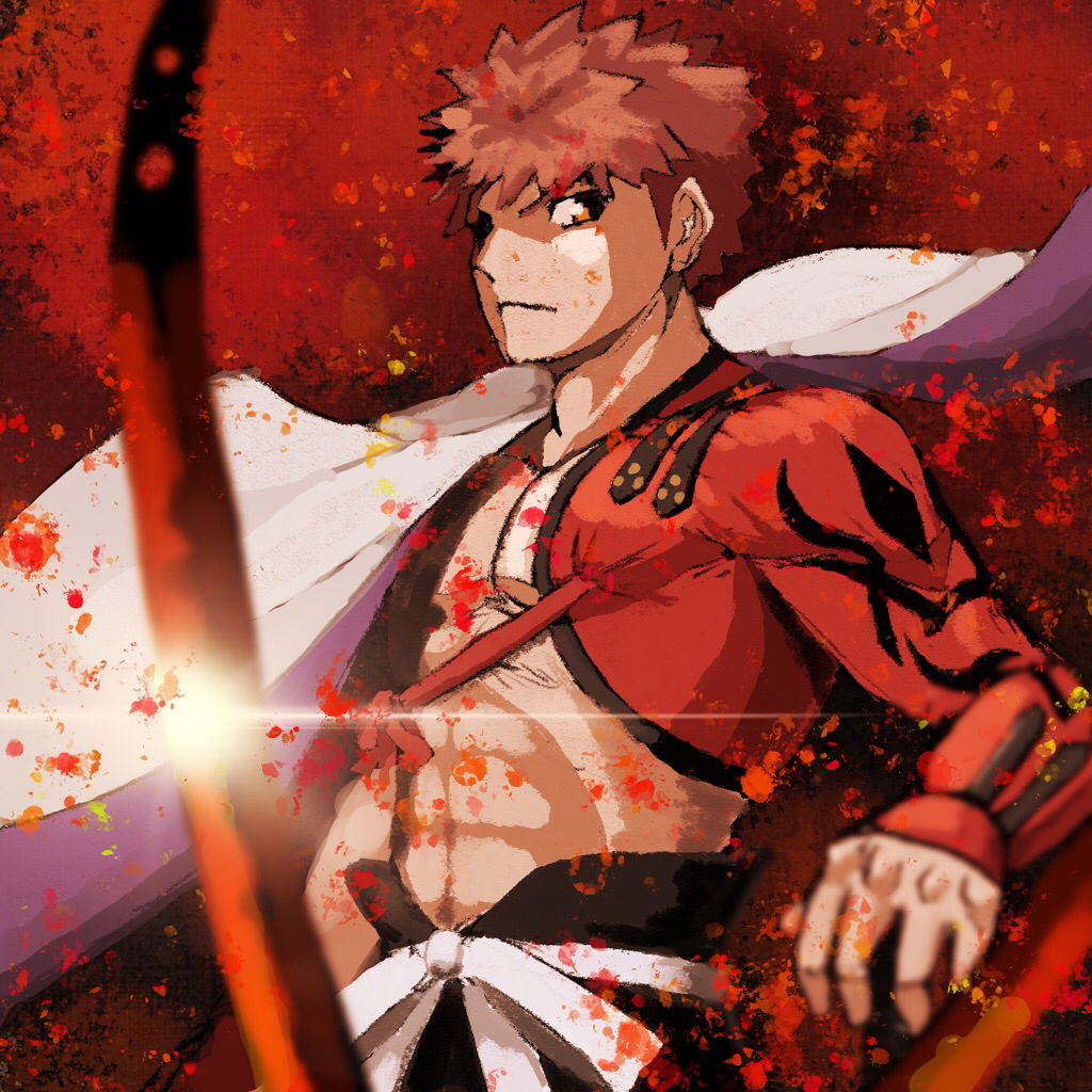 1boy abs black_pants cape closed_mouth emiya_shirou fate/grand_order fate_(series) frown kazubomb_fire lens_flare long_sleeves male_focus muscular muscular_male pants red_background redhead senji_muramasa_(fate) short_hair spiky_hair upper_body white_cape