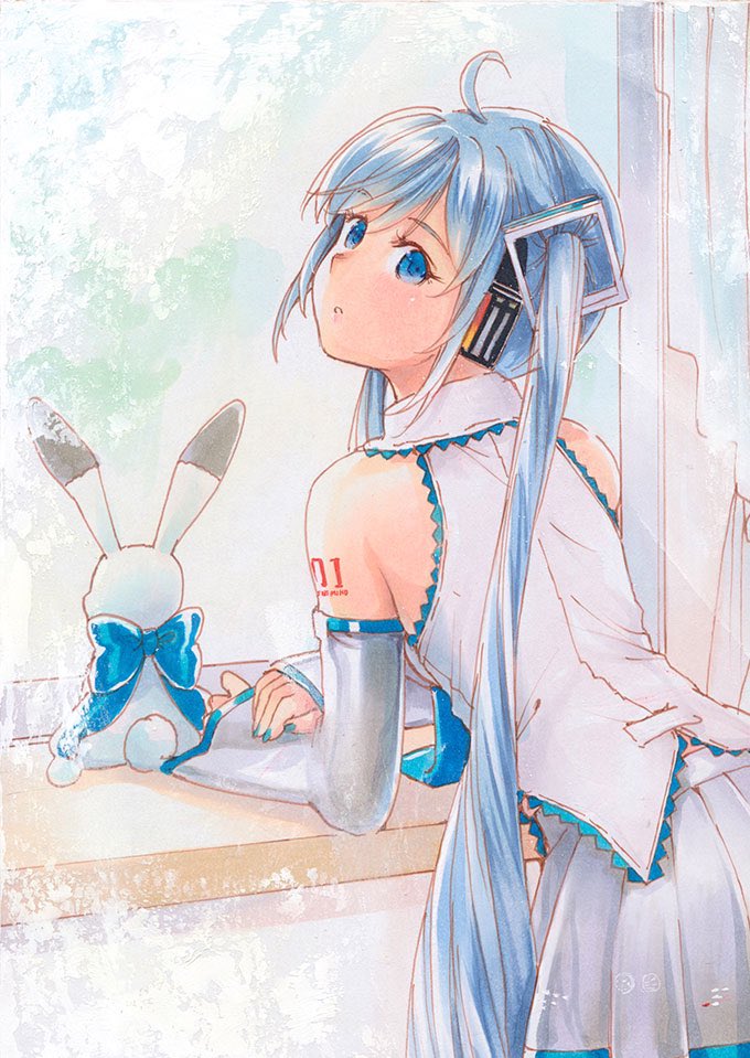 1girl 1other :o ahoge animal aqua_nails arm_support bare_shoulders blue_bow blue_eyes blue_hair bow commentary cowboy_shot curtains detached_sleeves from_behind grey_skirt grey_sleeves hair_ornament hand_on_own_arm hatsune_miku headphones leaning_forward light_blue_hair long_hair looking_at_viewer looking_back looking_outside mayo_riyo miniskirt nail_polish parted_lips pleated_skirt rabbit rabbit_yukine shirt shoulder_tattoo skirt sleeveless sleeveless_shirt tattoo traditional_media twintails very_long_hair vocaloid white_shirt window windowsill yuki_miku yuki_miku_(2010)