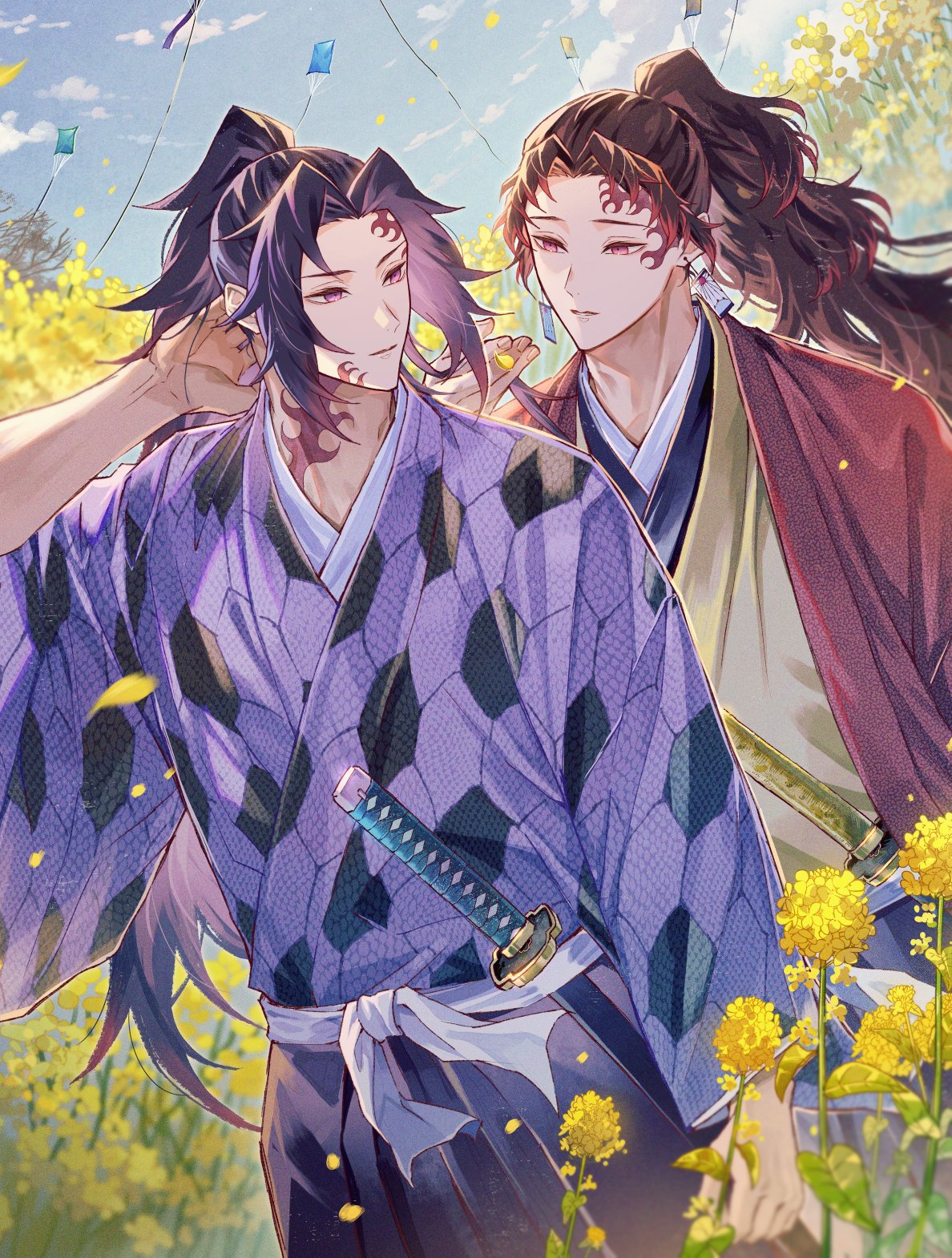 2boys arm_up black_hair black_hakama blue_sky brown_hair brown_kimono closed_mouth clouds commentary_request day earrings facial_tattoo flower hakama hanafuda hanafuda_earrings haori high_ponytail highres honeycomb_(pattern) jacket japanese_clothes jewelry katana kimetsu_no_yaiba kimono kite long_hair long_sleeves looking_at_another looking_to_the_side male_focus multicolored_hair multiple_boys neck_tattoo open_clothes open_jacket outdoors oyumai parted_bangs parted_lips plant ponytail purple_kimono red_eyes red_jacket redhead ribbon sheath sheathed sidelocks sky standing sword tattoo tree tsugikuni_michikatsu tsugikuni_yoriichi violet_eyes weapon white_ribbon wide_sleeves yellow_flower