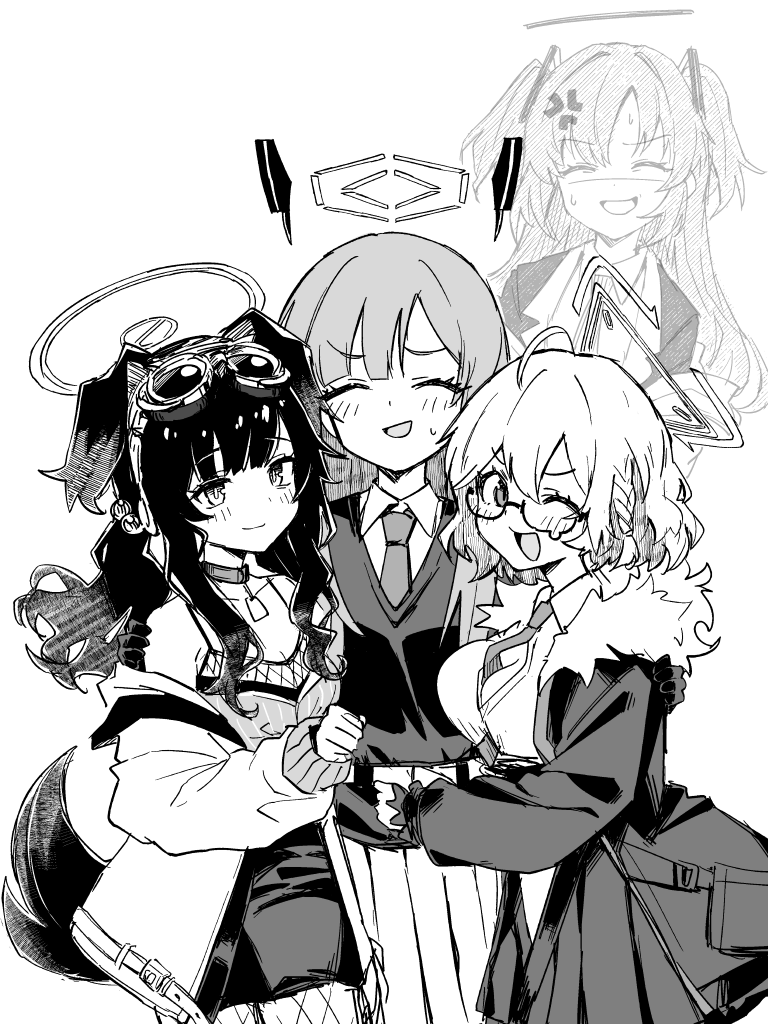 4girls anger_vein animal_ears between_breasts blue_archive breasts closed_eyes dog_ears dog_girl dog_tail engineering_department_(blue_archive) fishnet_pantyhose fishnets fur-trimmed_jacket fur_trim goggles goggles_on_head greyscale halo headgear hibiki_(blue_archive) jacket kotori_(blue_archive) long_hair monochrome multiple_girls necktie necktie_between_breasts one_eye_closed pantyhose pleated_skirt shaded_face shigatsu_shizuki short_hair skirt tail two_side_up utaha_(blue_archive) yuuka_(blue_archive)