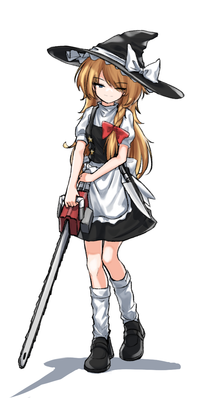 1girl apron black_footwear black_headwear black_skirt black_vest blonde_hair blue_eyes bow braid breasts chainsaw closed_mouth commentary_request cookie_(touhou) eyes_visible_through_hair frilled_apron frills full_body hair_between_eyes hat hat_bow highres holding holding_chainsaw kirisame_marisa knife loafers long_hair looking_at_viewer medium_bangs one_eye_closed puffy_short_sleeves puffy_sleeves shadow shirt shoes short_sleeves side_braid simple_background single_braid skirt skirt_set small_breasts smile socks solo standing suzu_(cookie) touhou traveler_hxy unusually_open_eyes vest waist_apron white_apron white_background white_bow white_shirt witch_hat