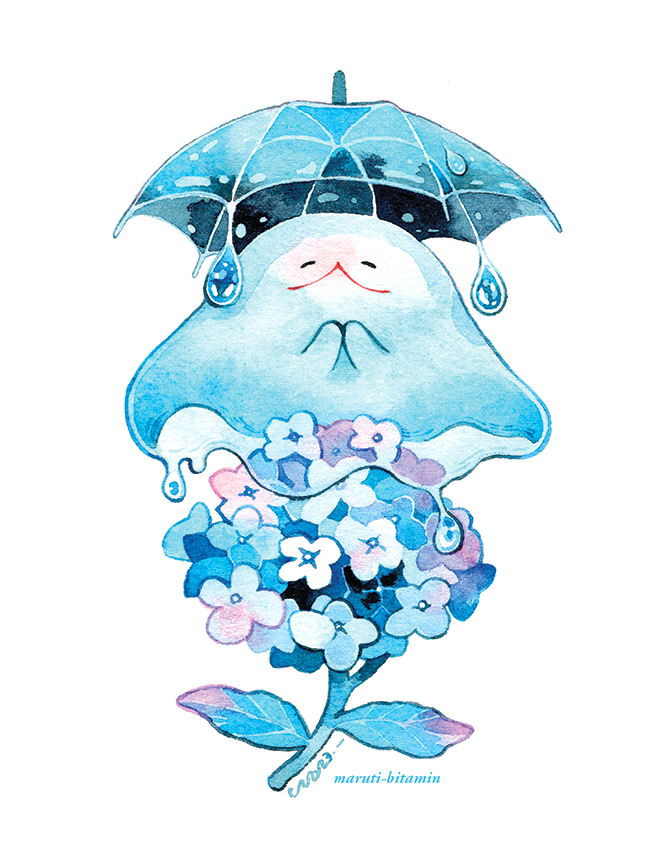1other artist_name blue_umbrella bouquet closed_eyes english_commentary flower ghost leaf maruti_bitamin no_humans original own_hands_together painting_(medium) simple_background smile traditional_media umbrella water water_drop watercolor_(medium) white_background white_flower