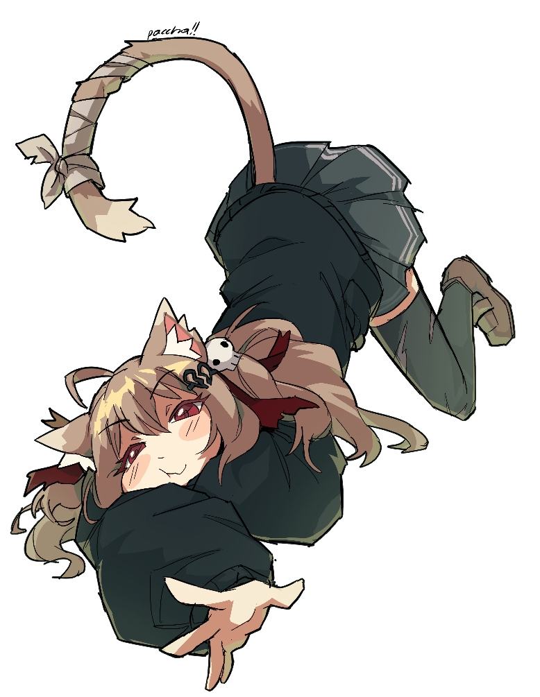 1girl ahoge all_fours animal_ear_fluff animal_ears arched_back artist_name bandaged_tail black_cardigan black_thighhighs blush_stickers broken_heart_hair_ornament brown_footwear cardigan cat_ears cat_tail closed_mouth english_commentary evil_neuro-sama full_body grey_skirt hair_ornament hair_ribbon hairclip heart heart_hair_ornament indie_virtual_youtuber light_brown_hair loafers long_hair long_sleeves looking_at_viewer neuro-sama official_alternate_costume outstretched_arm outstretched_hand pasharuu puffy_long_sleeves puffy_sleeves reaching reaching_towards_viewer red_eyes red_ribbon ribbon shoes simple_background skirt skull_hair_ornament smile solo tail thigh-highs torn_clothes torn_thighhighs two_side_up virtual_youtuber white_background