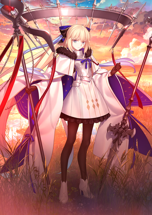 1girl ahoge armor blonde_hair bow breastplate clouds dress fate/grand_order fate_(series) full_body gloves grass hair_bow high_heels holding holding_staff long_hair looking_at_viewer official_art outdoors pantyhose polearm solo spear staff standing takeuchi_takashi tonelico_(fate) very_long_hair weapon
