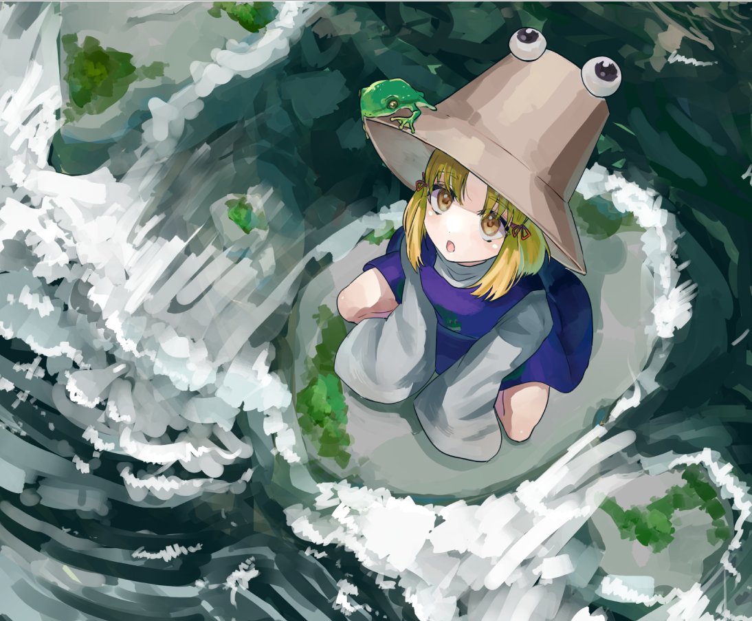 1girl blonde_hair brown_headwear commentary frog full_body long_sleeves looking_up moriya_suwako mtmt_kstm open_mouth outdoors parted_bangs short_hair sitting touhou yellow_eyes