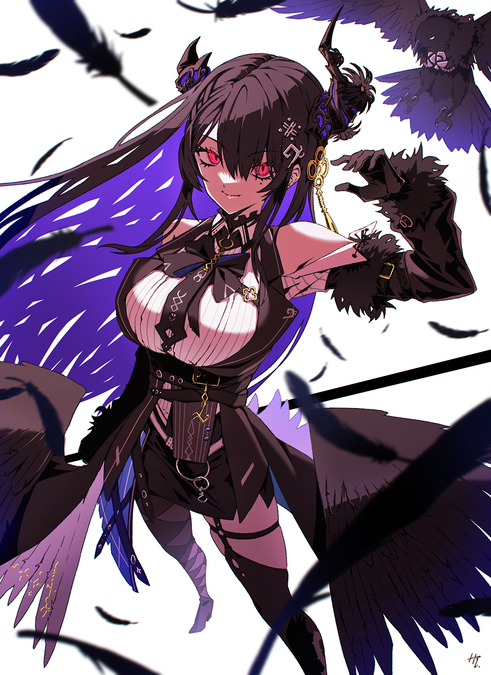 1girl asymmetrical_horns bare_shoulders bird black_hair blue_hair breasts colored_inner_hair crow demon_horns dress fur_trim hair_ornament highres hololive hololive_english horns large_breasts long_hair looking_at_viewer mole mole_under_eye multicolored_hair nerissa_ravencroft red_eyes shadow_(nerissa_ravencroft) smile solo taka_t two-tone_hair virtual_youtuber wings