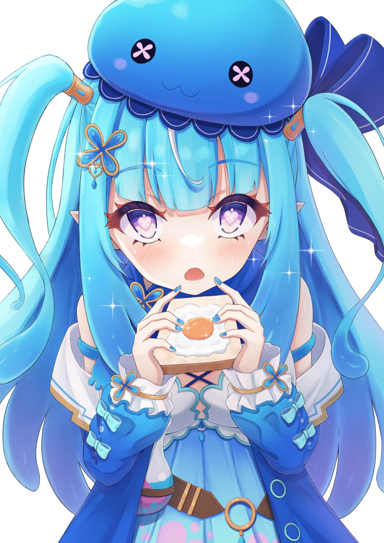 1girl bare_shoulders beret blue_dress blue_hair blue_headwear blue_nails blush commentary_request dress fried_egg fried_egg_on_toast hat heart heart-shaped_pupils highres jolly_estaa long_hair looking_at_viewer nenechi open_mouth pixela_project solo symbol-shaped_pupils thai_commentary two_side_up violet_eyes virtual_youtuber