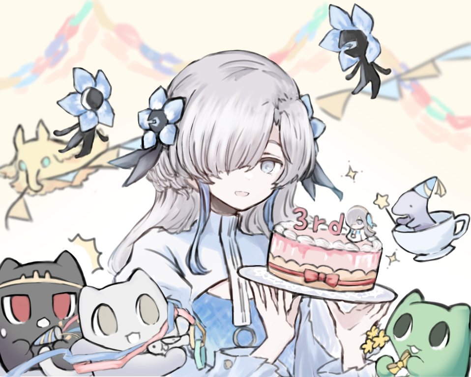 1girl anniversary blue_dress blue_flower blue_hair cake creature cup decorations dress familiar flower food grey_eyes grey_hair hair_flower hair_ornament hair_over_one_eye isekai_joucho kamitsubaki_studio long_sleeves looking_at_viewer multicolored_hair party_popper rurisuzume_dai smile solo teacup two-tone_dress two-tone_hair upper_body virtual_youtuber white_dress