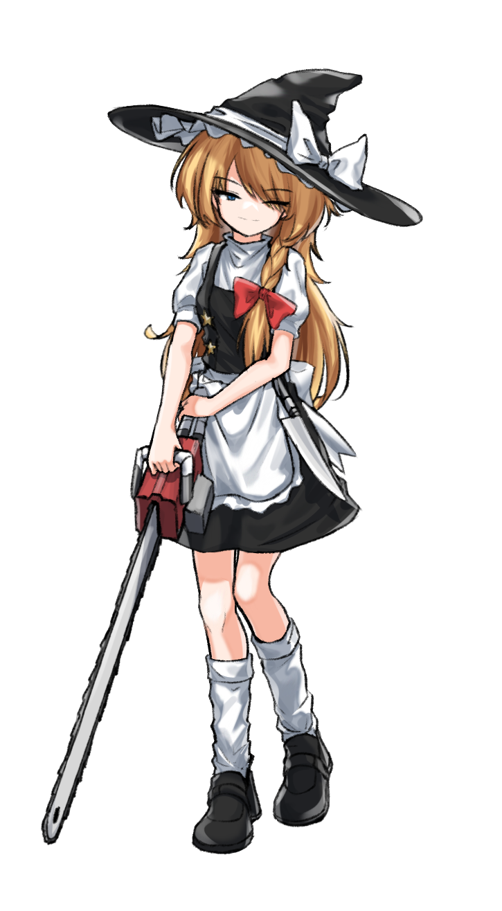 1girl apron black_footwear black_headwear black_skirt black_vest blonde_hair blue_eyes bow braid breasts chainsaw closed_mouth commentary_request cookie_(touhou) eyes_visible_through_hair frilled_apron frills full_body hair_between_eyes hat hat_bow highres holding holding_chainsaw kirisame_marisa knife loafers long_hair looking_at_viewer medium_bangs one_eye_closed puffy_short_sleeves puffy_sleeves shirt shoes short_sleeves side_braid simple_background single_braid skirt skirt_set small_breasts smile socks solo standing suzu_(cookie) touhou transparent_background traveler_hxy unusually_open_eyes vest waist_apron white_apron white_bow white_shirt witch_hat
