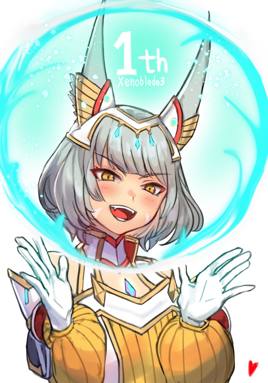 1girl animal_ears anniversary blush brown_eyes cat_ears choker collared_dress core_crystal_(xenoblade) dress facial_mark fangs gloves grey_hair hands_up highres nia_(xenoblade) open_mouth r123 ribbed_dress short_hair solo teeth tiara whisker_markings white_gloves xenoblade_chronicles_(series) xenoblade_chronicles_2 xenoblade_chronicles_3 yellow_dress