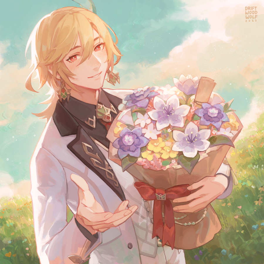 1boy artist_name blonde_hair bouquet bow buttons clouds cloudy_sky dress_shirt driftwoodwolf earrings feather_hair_ornament feathers flower genshin_impact grass hair_ornament holding holding_bouquet jacket jewelry kaveh_(genshin_impact) lapels long_sleeves looking_at_viewer male_focus open_clothes open_jacket pants reaching reaching_towards_viewer red_bow red_eyes shirt sky smile solo suit teeth vest white_jacket white_pants white_vest wing_collar
