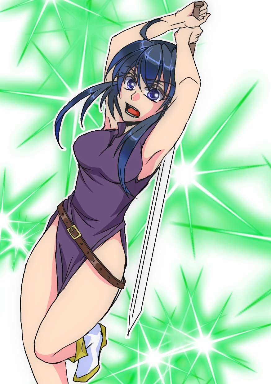 1girl attack bare_legs belt black_hair boots breasts dress fire_emblem fire_emblem:_genealogy_of_the_holy_war highres incoming_attack larcei_(fire_emblem) legs moru64258373 no_panties open_mouth pelvic_curtain purple_tunic side_slit sidelocks simple_background sleeveless sleeveless_dress sword thighs tomboy tunic violet_eyes weapon