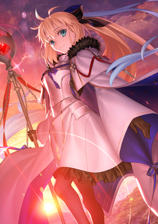1girl ahoge armor blonde_hair blue_eyes breastplate dress fate/grand_order fate_(series) feet_out_of_frame gloves hair_between_eyes holding holding_staff long_hair long_sleeves looking_at_viewer official_art outdoors pantyhose ponytail smile solo staff takeuchi_takashi tonelico_(fate) very_long_hair