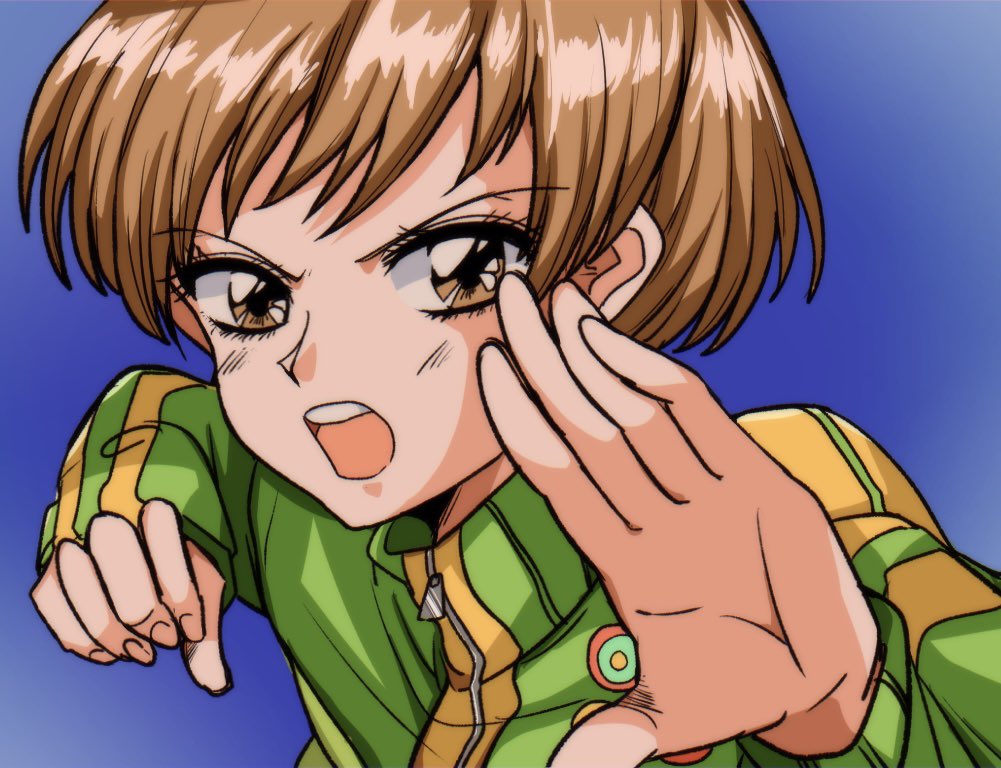 1girl badge blue_background brown_eyes brown_hair button_badge commentary_request eyelashes fighting_stance green_jacket hands_up jacket looking_at_viewer multicolored_clothes multicolored_jacket open_mouth persona persona_4 retro_artstyle satonaka_chie short_hair solo swept_bangs teeth track_jacket two-tone_jacket upper_body upper_teeth_only v-shaped_eyebrows yellow_jacket yuyuy_00