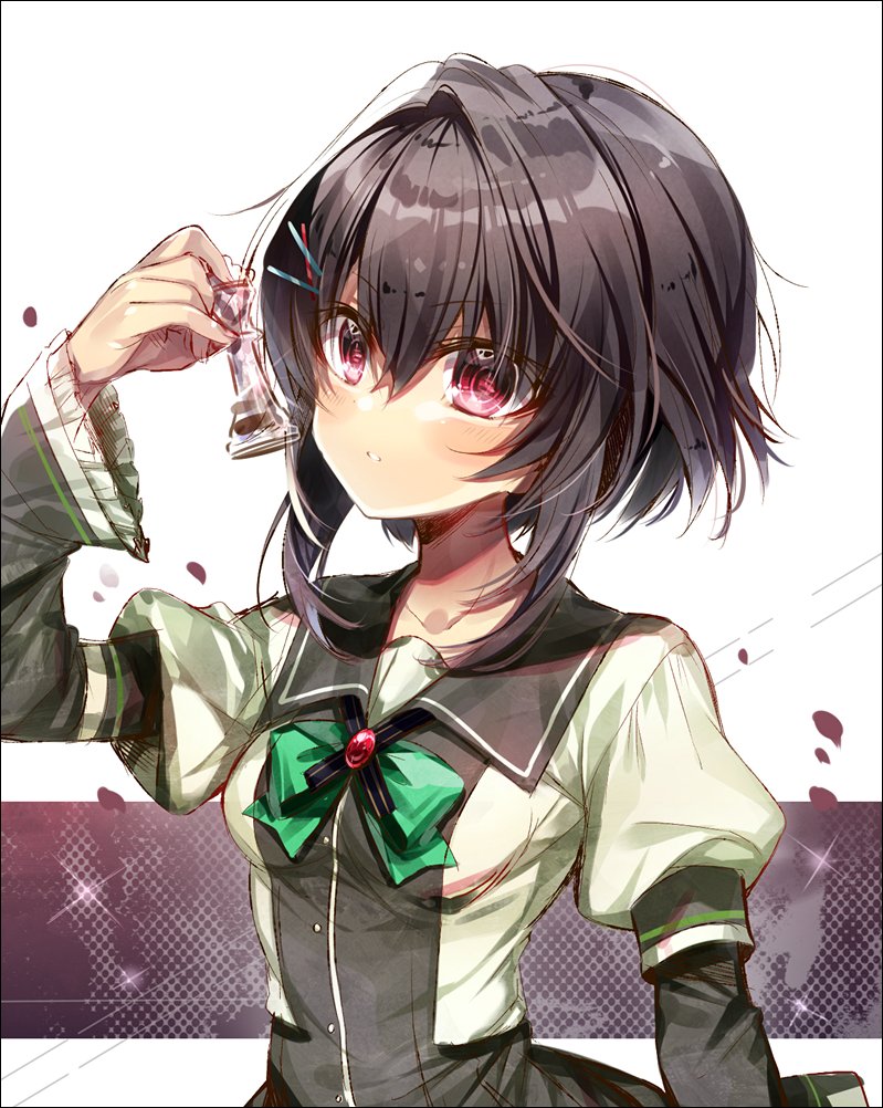 1girl 9-nine- arm_at_side black_hair black_sailor_collar blush bow breasts chi_no commentary_request eyes_visible_through_hair frilled_sleeves frills green_bow hair_between_eyes hair_intakes hair_ornament hairclip hand_up holding_chess_piece juliet_sleeves long_sleeves looking_at_viewer parted_lips puffy_sleeves red_eyes sailor_collar school_uniform short_hair_with_long_locks simple_background small_breasts solo upper_body white_background wide_sleeves x_hair_ornament yuuki_noa