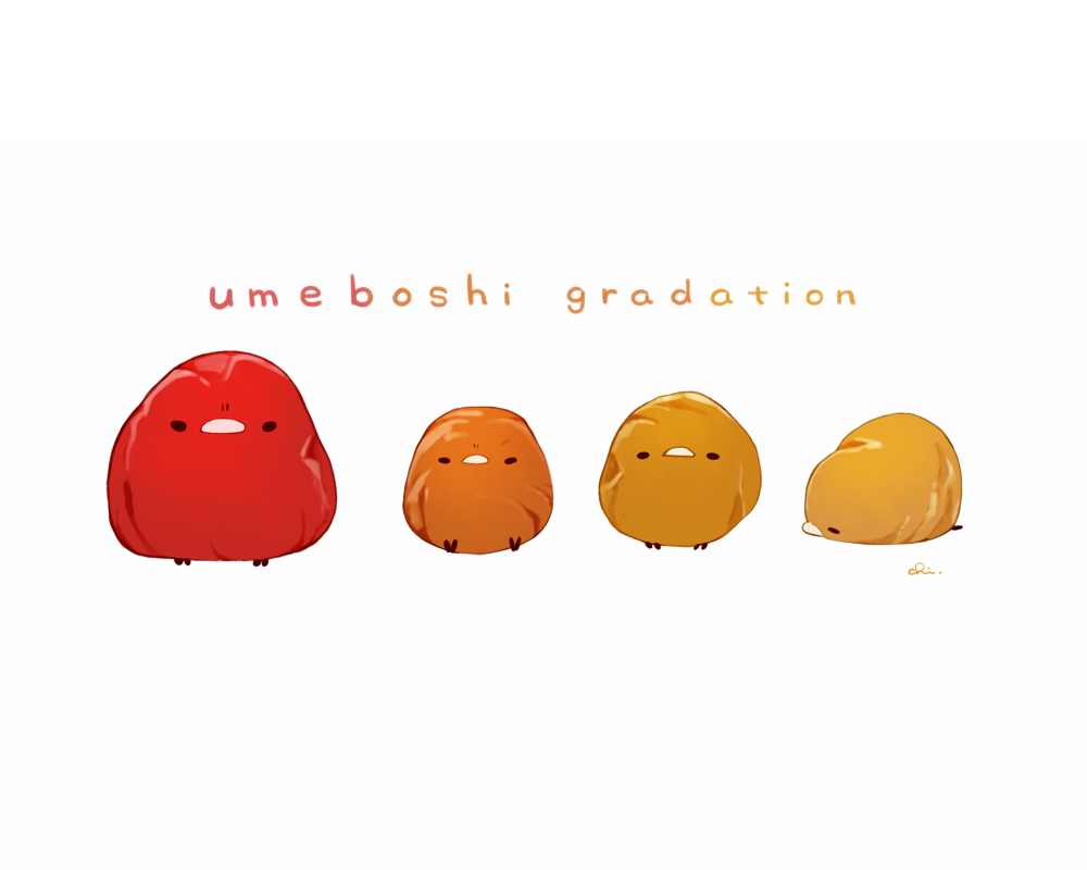 age_progression animal_focus chai_(drawingchisanne) commentary_request english_text food food_focus fruit looking_at_viewer no_humans original side-by-side signature simple_background sweets_bird umeboshi white_background