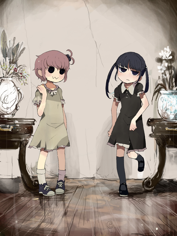 0w0 2girls bad_link black_dress black_eyes black_footwear black_hair black_socks blush_stickers bow bowtie brown_hair closed_mouth collared_dress commentary_request crack cracked_wall dress flower frown fujishiro_mikaze full_body grey_dress hair_bobbles hair_ornament hand_up indoors jitome kingyo_oukoku_no_houkai kneehighs long_hair looking_at_viewer mary_janes mizutani_kaho mozou_crystal multiple_girls no_pupils one_side_up pigeon-toed plant potted_plant puffy_short_sleeves puffy_sleeves shoes short_hair short_sleeves sneakers socks solid_circle_eyes standing standing_on_one_leg twintails uneven_twintails vase white_bow white_bowtie white_flower white_socks wooden_floor