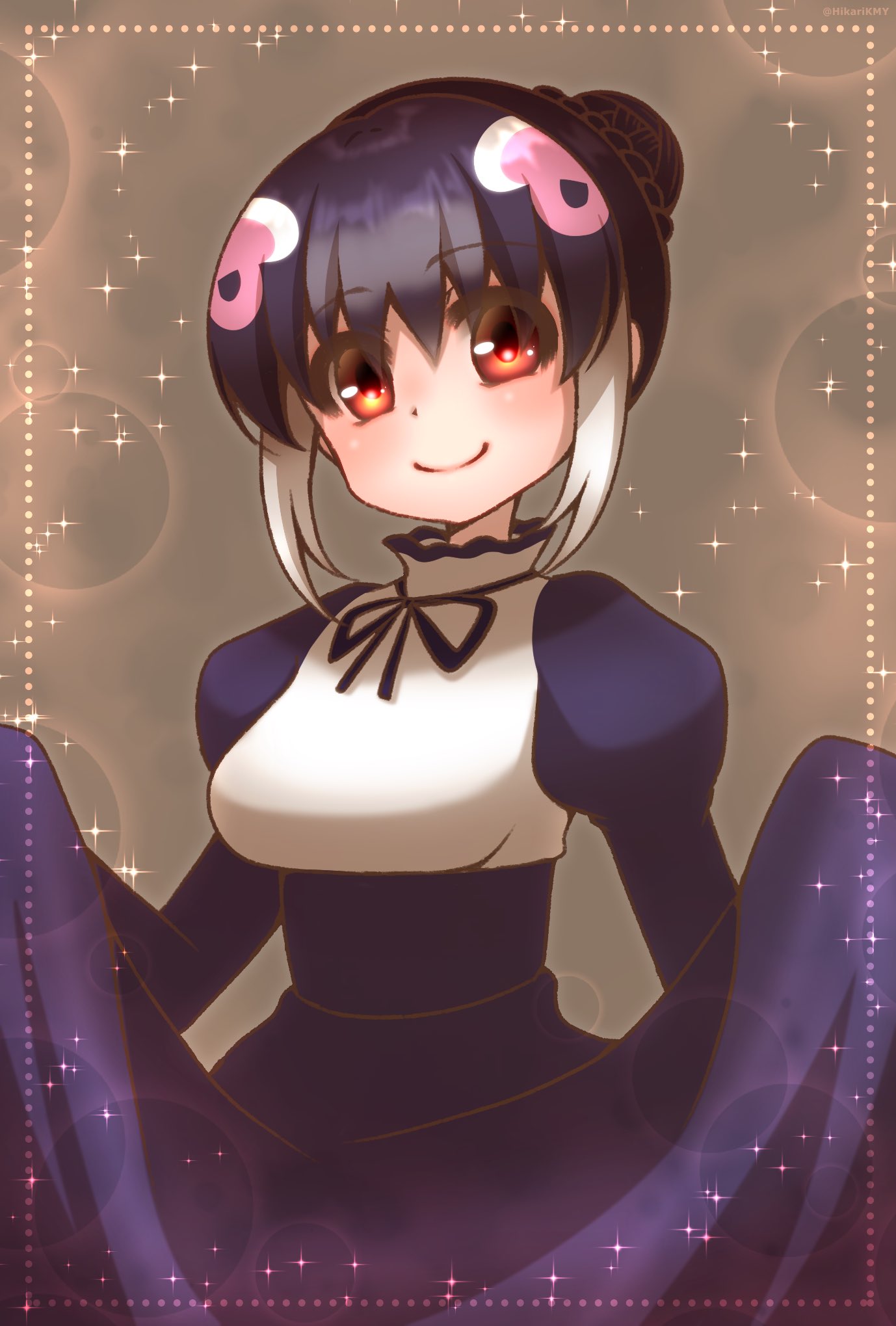 1girl african_penguin_(kemono_friends) black_hair blue_dress bow bowtie dress highres hikarikmy kemono_friends kemono_friends_v_project long_hair looking_at_viewer multicolored_hair penguin_girl pink_hair red_background red_eyes simple_background smile solo virtual_youtuber white_hair