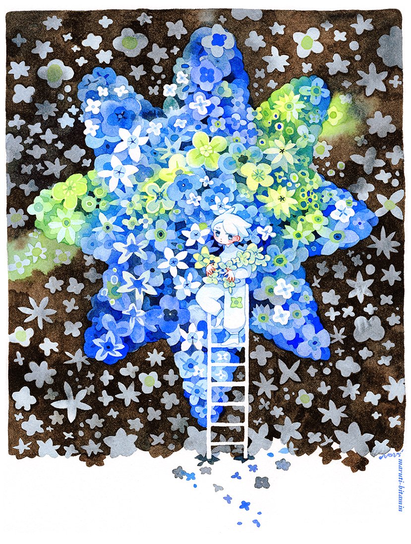1boy artist_name blue_eyes english_commentary flower green_flower holding holding_flower ladder looking_at_viewer maruti_bitamin original painting_(medium) pants shirt short_hair star_(symbol) too_many_flowers traditional_media watercolor_(medium) white_flower white_hair white_pants white_shirt