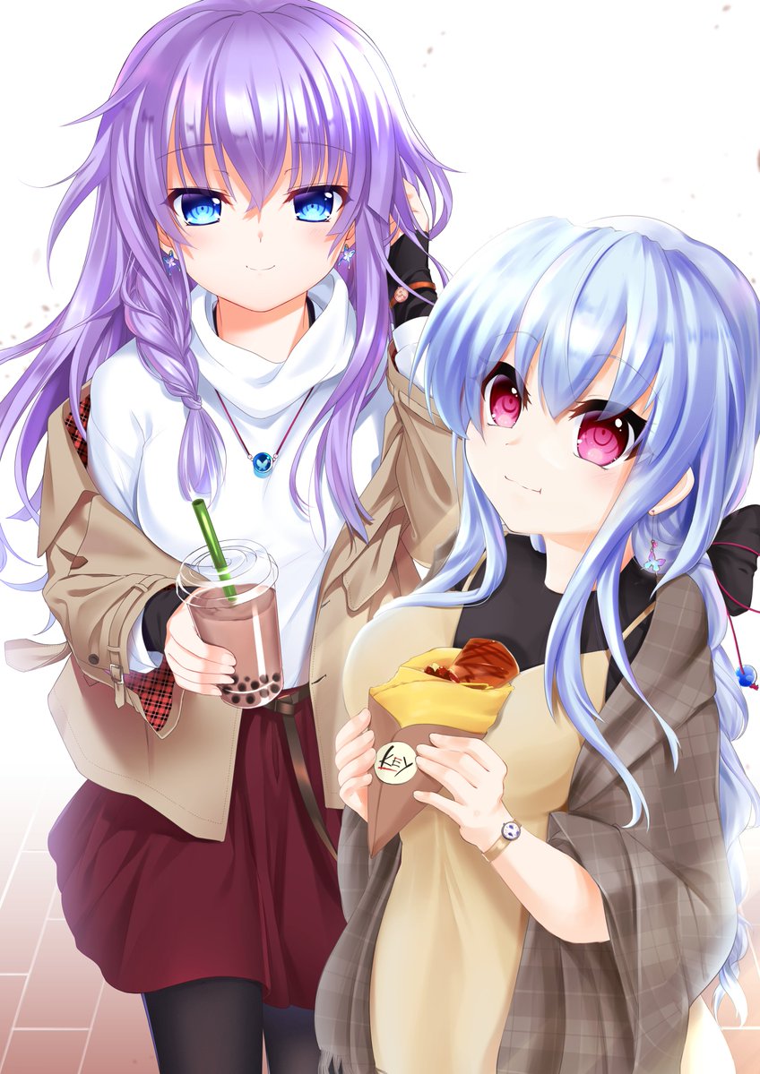 2girls :i adjusting_hair alternate_costume alternate_hairstyle animal_print black_bow black_pantyhose blue_eyes blue_hair bow braid braided_ponytail brown_coat brown_dress bubble_tea butterfly_earrings butterfly_print casual closed_mouth coat collaboration commentary_request company_name cowboy_shot crepe crossed_bangs cup dress drinking_straw earrings eating eyelashes eyes_visible_through_hair food hair_between_eyes hair_bow hair_over_breasts hand_up holding holding_cup holding_food jewelry light_blush long_hair long_sleeves looking_at_viewer multiple_girls necklace off_shoulder open_clothes open_coat otou_(otou_san) outdoors pantyhose purple_hair red_eyes siblings sidelocks simple_background single_braid sisters sleeveless sleeveless_dress smile sorakado_ai sorakado_ao standing straight-on summer_pockets sweater t_kutkut twins very_long_hair watch watch white_background white_sweater