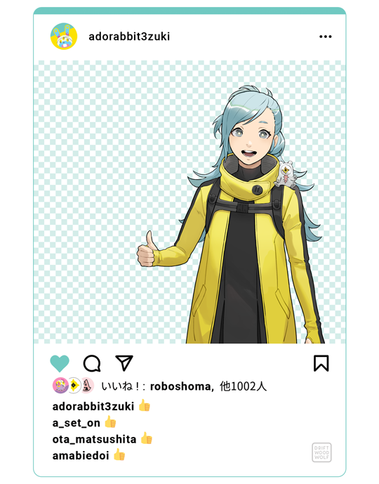 1girl ai_the_somnium_files blue_eyes blue_hair driftwoodwolf high_collar instagram jacket long_hair looking_at_viewer okiura_mizuki open_clothes open_jacket open_mouth solo teeth thumbs_up upper_teeth_only yellow_jacket