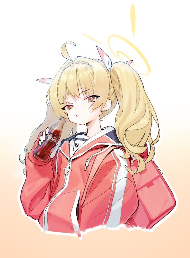 1girl ahoge backpack bag blue_archive bottle coca-cola cropped_torso glass_bottle halo hand_up holding holding_bottle hood hood_down hooded_jacket jacket long_hair long_sleeves looking_at_viewer red_jacket s2j00 solo twintails upper_body yoshimi_(blue_archive)