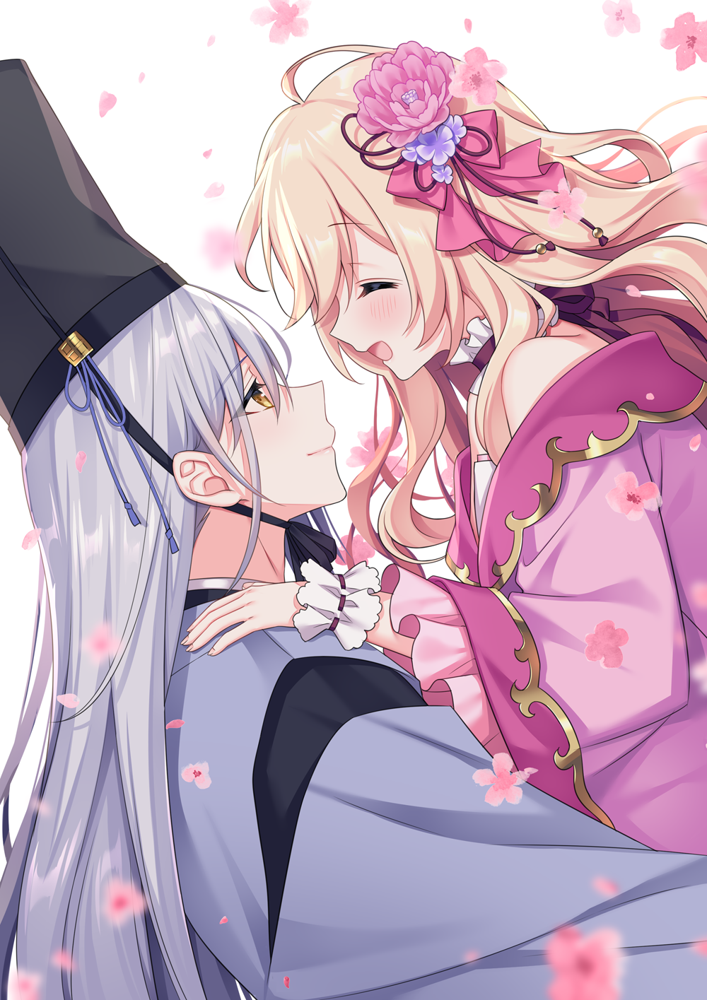 1boy 1girl :d ^_^ ahoge bare_shoulders black_headwear blonde_hair blush closed_eyes closed_mouth commission copyright_request facing_another flower grey_hair hair_between_eyes hair_flower hair_ornament hand_on_another's_shoulder highres japanese_clothes kariginu kimono long_hair long_sleeves looking_at_another off_shoulder pink_flower pink_kimono pixiv_commission profile sacraneco simple_background smile very_long_hair white_background wide_sleeves wrist_cuffs