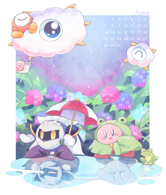 :d ^_^ animal_hood armor armored_boots blue_cape blue_eyes blue_flower blush blush_stickers boots border calendar_(medium) cape closed_eyes closed_mouth clouds commentary_request dark_meta_knight different_reflection flower frog frog_hood gloves holding holding_umbrella hood hood_up hydrangea june kirby kirby_(series) kracko leaf li'l_kracko mask meta_knight midooka_(o_k_k) no_humans one-eyed open_mouth outside_border pauldrons pink_flower plant poncho puddle purple_flower purple_footwear rain reflection reflective_water shadow_kirby shoulder_armor sleeping smile snail spikes star_(symbol) umbrella waddle_doo water white_border white_gloves
