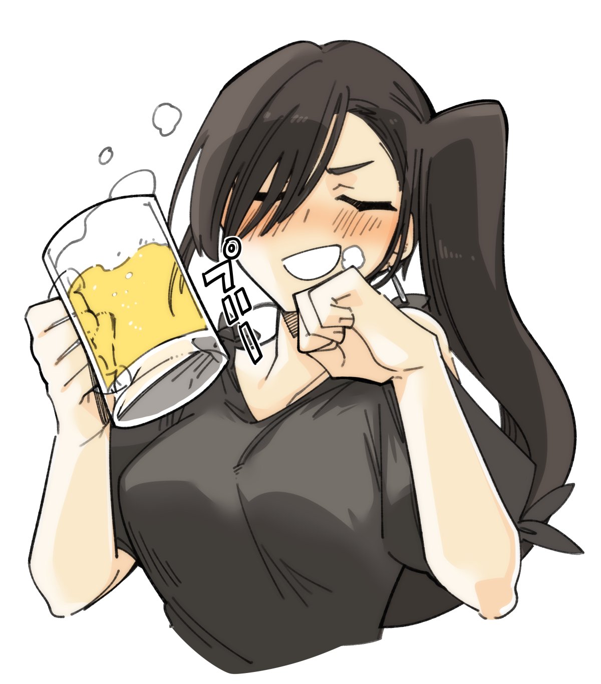 1girl alcohol beer beer_mug black_hair black_shirt blush breasts closed_eyes cup higaragi highres holding holding_cup kantai_collection large_breasts long_hair mug nachi_(kancolle) open_mouth shirt short_sleeves side_ponytail simple_background smile solo upper_body white_background