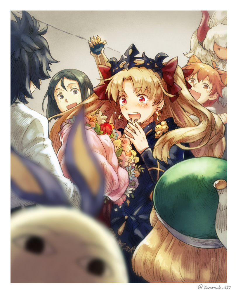 3boys 4girls animal_ears asterios_(fate) beret black_dress black_eyes black_hair black_nails blonde_hair border bouquet bow brown_eyes brown_hair cat_ears commentary_request dress earrings ereshkigal_(fate) fate/grand_order fate_(series) flower fujimaru_ritsuka_(male) green_headwear hair_bow hands_up hashibi_rokou hat holding holding_bouquet horns indoors jewelry long_hair long_sleeves medjed_(fate) multiple_boys multiple_girls nail_polish nitocris_(fate) nitocris_(swimsuit_assassin)_(fate) open_mouth paul_bunyan_(fate) red_bow red_eyes red_horns shirt short_hair skull smile tiara two_side_up waver_velvet white_border white_hair white_shirt