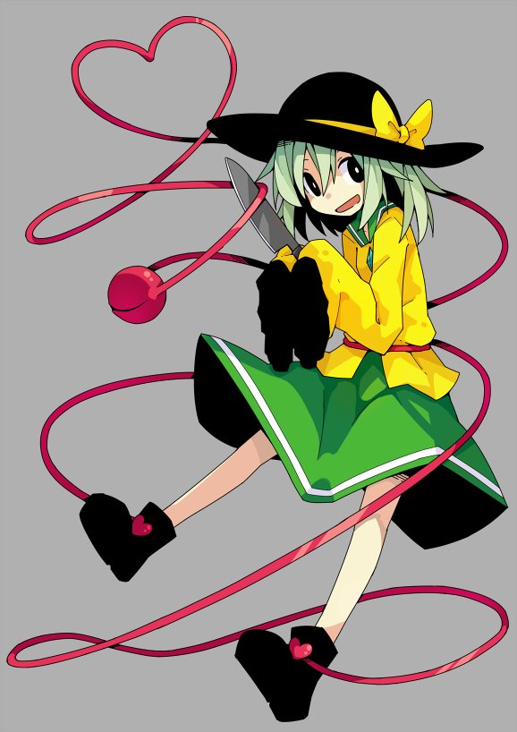 1girl asameshi black_eyes black_footwear black_headwear boots bow bright_pupils frilled_sleeves frills full_body green_hair green_skirt grey_background hat hat_bow heart heart_of_string holding holding_knife knife komeiji_koishi long_sleeves looking_at_viewer medium_hair open_mouth sailor_collar shirt simple_background skirt sleeves_past_fingers sleeves_past_wrists smile solo third_eye touhou yellow_bow yellow_shirt