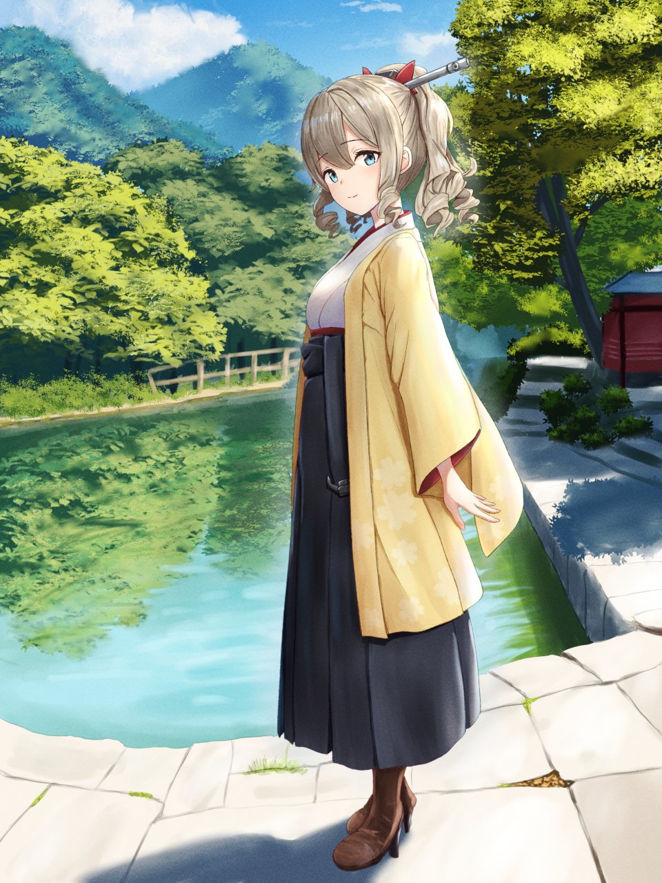 1girl black_hakama black_skirt blue_eyes brown_footwear closed_mouth commentary_request drill_hair from_side full_body hair_between_eyes hair_ornament hair_stick hakama hakama_skirt haori hatakaze_(kancolle) highres japanese_clothes kantai_collection kimono kotou_yogen light_brown_hair long_skirt looking_at_viewer meiji_schoolgirl_uniform outdoors pond ponytail red_ribbon ribbon shadow skirt sky solo tree white_kimono wide_sleeves