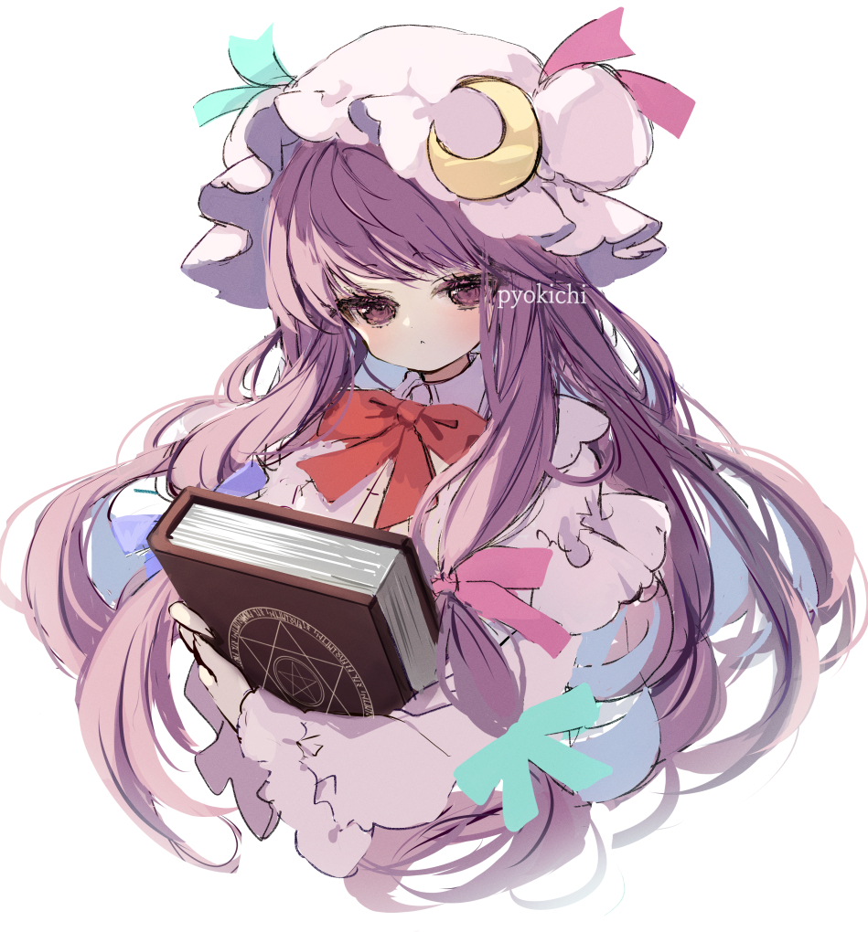 1girl artist_name book closed_mouth commentary crescent crescent_hat_ornament dress frilled_sleeves frills hat hat_ornament holding holding_book long_hair long_sleeves mob_cap patchouli_knowledge piyokichi purple_dress purple_hair purple_headwear simple_background solo touhou upper_body violet_eyes white_background wide_sleeves