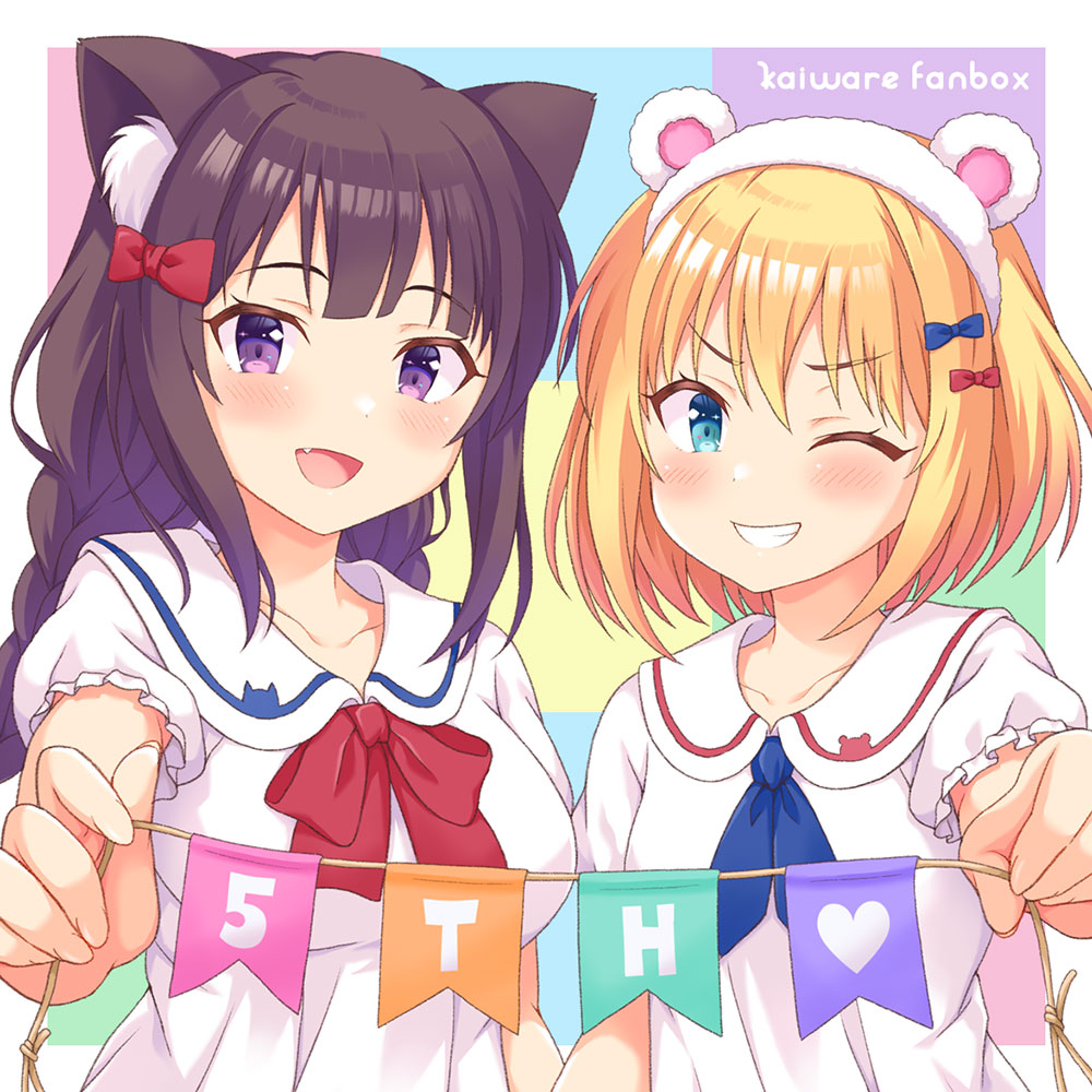 2girls :d animal_ear_fluff animal_ears anniversary bear_ears black_hair blonde_hair blue_bow blue_eyes blush bow breasts cat_ears collarbone collared_dress commentary_request dress fake_animal_ears frilled_sleeves frills grin hair_between_eyes hair_bow hairband heart holding kaiware-san medium_breasts multicolored_background multiple_girls original puffy_short_sleeves puffy_sleeves red_bow short_sleeves smile string_of_flags violet_eyes white_dress white_hairband