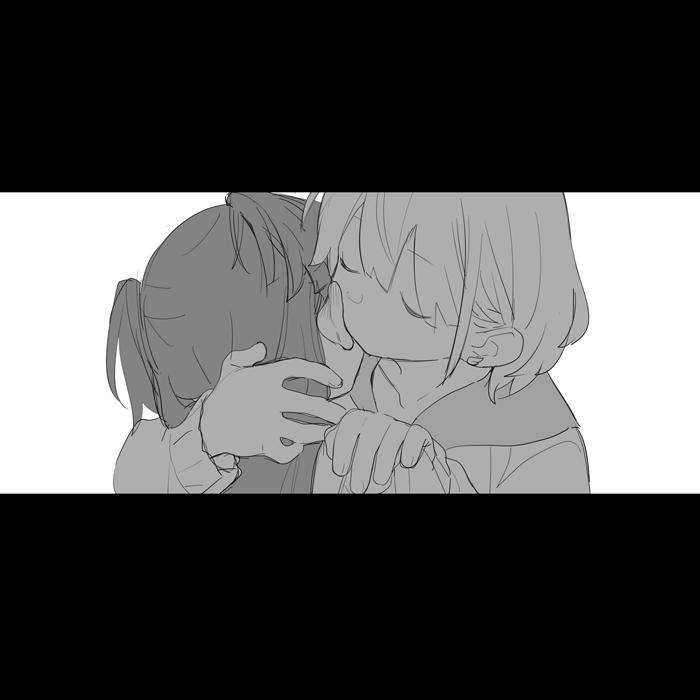 2girls blush closed_eyes collarbone d.y.x. ear_piercing facing_another facing_away greyscale hair_behind_ear hand_on_another's_shoulder head_tilt heads_together hug idolmaster idolmaster_shiny_colors kiss kissing_cheek letterboxed long_hair long_sleeves mayuzumi_fuyuko medium_hair monochrome multiple_girls nose_blush piercing portrait sailor_collar serizawa_asahi simple_background two_side_up yuri