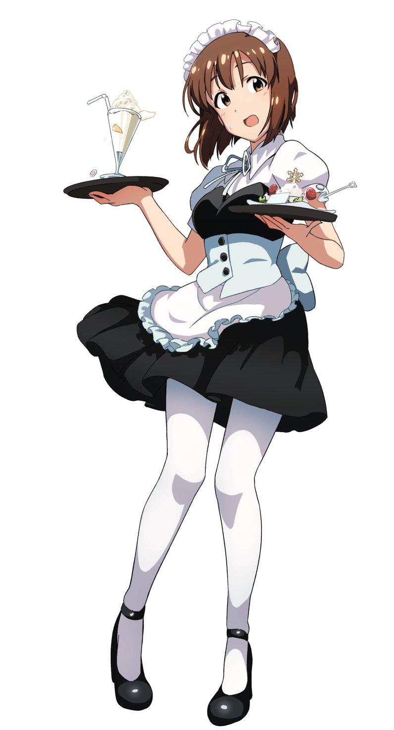 1girl apron black_footwear blue_bow blue_ribbon blush bob_cut bow breasts brown_eyes brown_hair cream dot_nose dress_bow drinking_straw frilled_apron frills full_body hagiwara_yukiho hands_up high_heels highres holding holding_plate idolmaster idolmaster_(classic) idolmaster_million_live! idolmaster_million_live!_theater_days looking_at_viewer medium_breasts momo_no_suidou-sui neck_ribbon open_mouth pantyhose pigeon-toed plate puffy_short_sleeves puffy_sleeves ribbon short_hair short_sleeves shovel simple_background snowflakes solo sweatdrop two-tone_dress waist_apron white_apron white_background white_headdress white_pantyhose