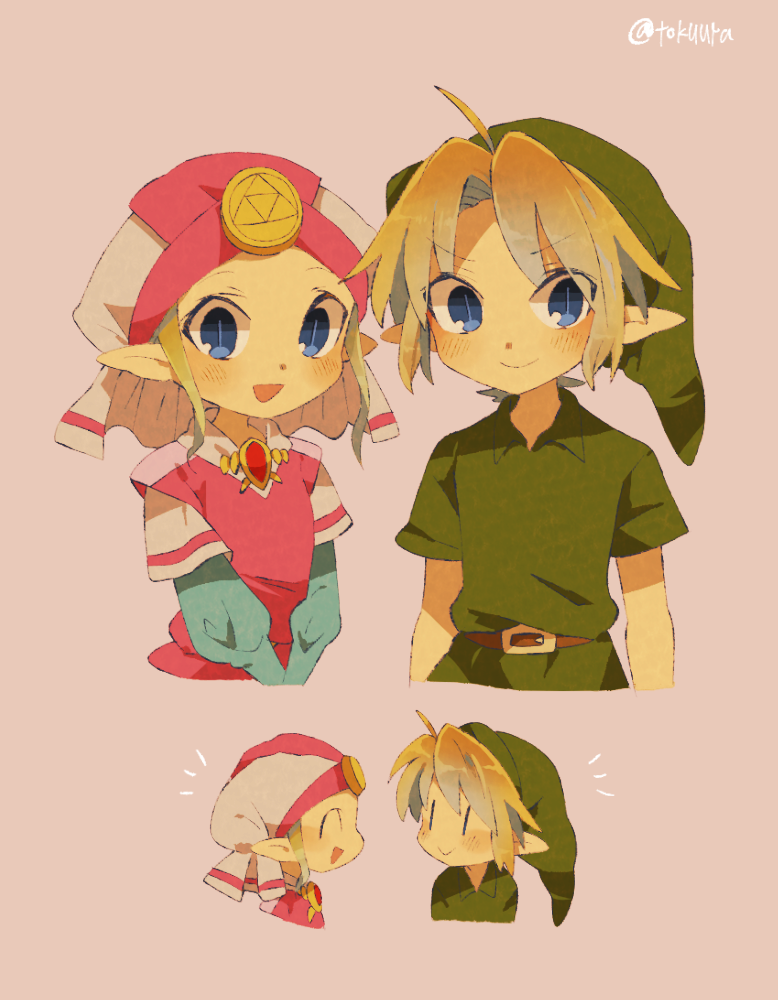 1boy 1girl :d ahoge artist_name blonde_hair blue_eyes blush closed_mouth collared_shirt commentary_request dress eyelashes green_headwear green_shirt hat layered_sleeves link long_sleeves looking_at_viewer open_mouth parted_bangs pink_background pink_shirt pointy_ears princess_zelda shirt short_hair short_over_long_sleeves short_sleeves sidelocks simple_background smile the_legend_of_zelda the_legend_of_zelda:_ocarina_of_time tokuura triforce twitter_username upper_body v-shaped_eyebrows white_background white_headwear young_link young_zelda