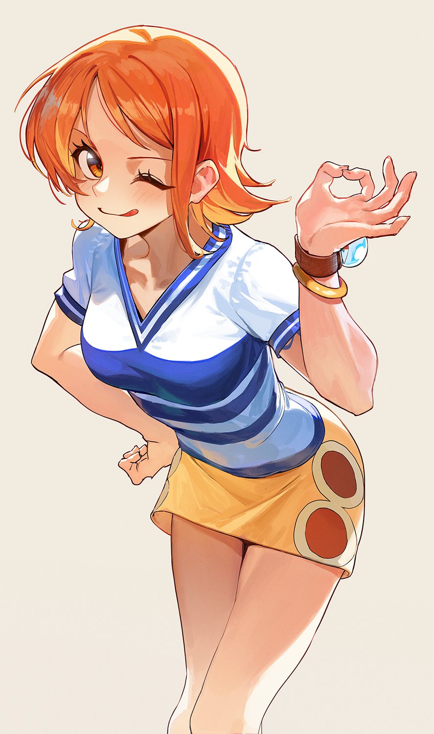 1girl :p bangle bare_legs blue_shirt bracelet breasts commentary cowboy_shot daniel_deng hair_behind_ear hand_gesture hand_on_own_hip hand_up highres jewelry leaning_forward light_blush log_pose looking_at_viewer medium_breasts miniskirt money_gesture nami_(one_piece) one_eye_closed one_piece orange_eyes orange_hair shirt short_hair short_sleeves shoulder_tattoo simple_background single_sidelock skirt smile solo tattoo tongue tongue_out two-tone_shirt v-neck white_shirt yellow_skirt