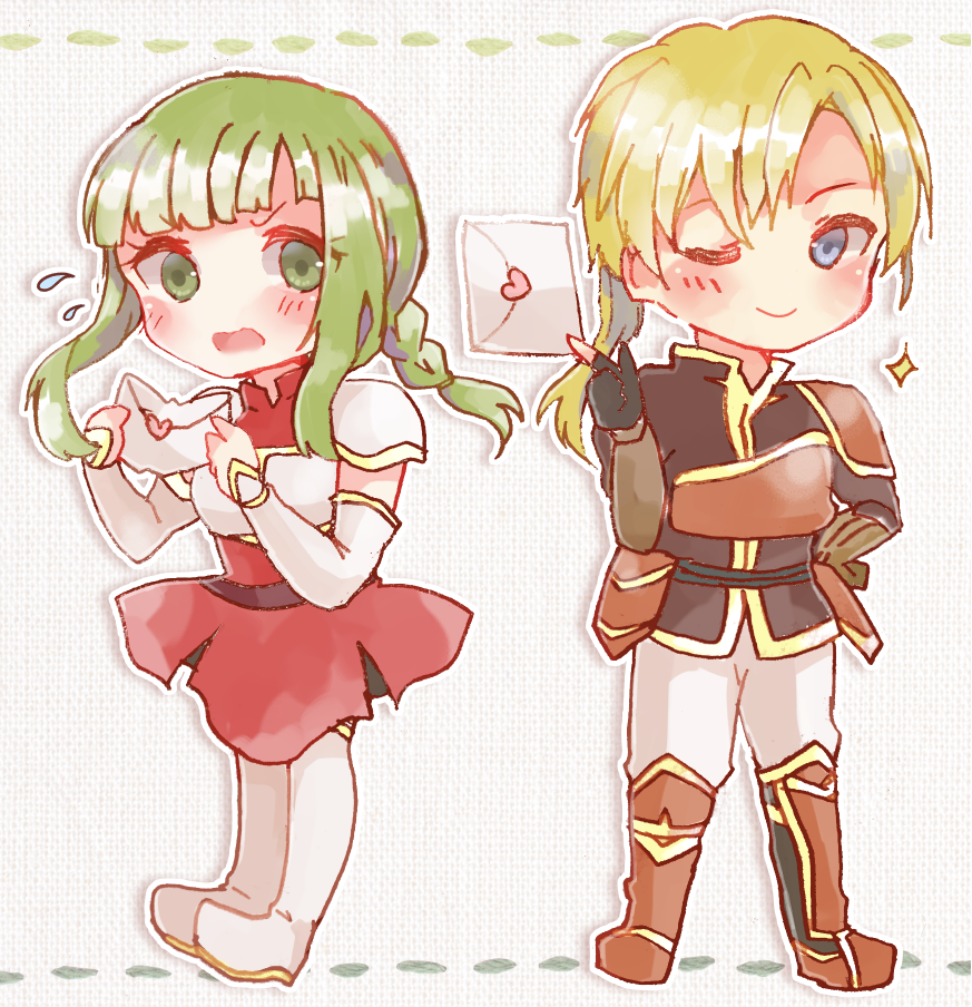 1boy 1girl blonde_hair blush boots dress fire_emblem fire_emblem:_the_sacred_stones forde_(fire_emblem) green_eyes green_hair holding holding_letter letter love_letter one_eye_closed open_mouth ponytail red_armor red_dress skirt smile sui_(aruko91) surprised vanessa_(fire_emblem) white_footwear