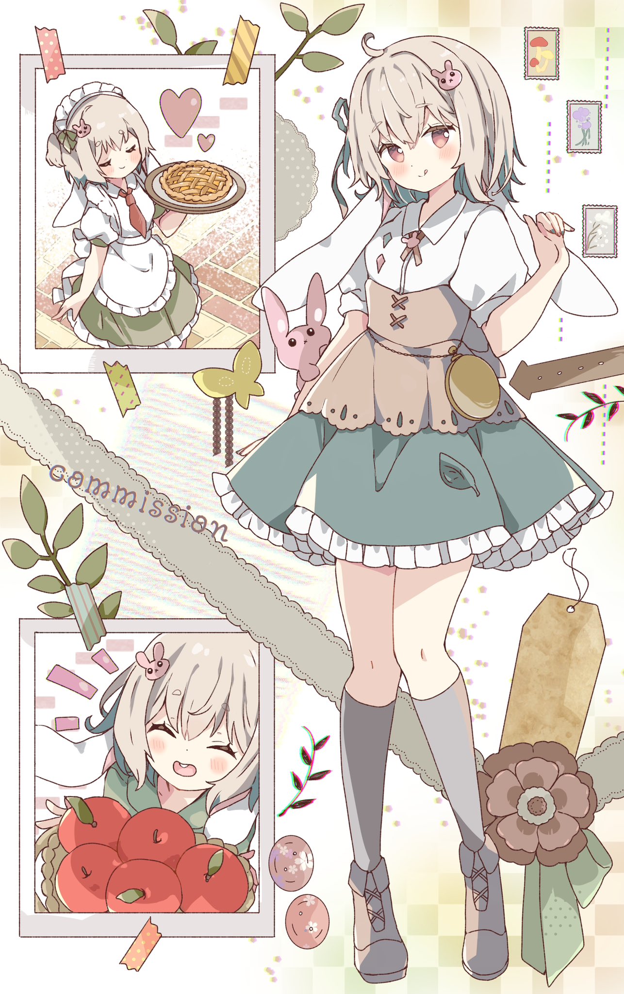 1girl animal_ears apple apron blonde_hair blouse blue_hoodie buttons checkered_background clock commission cowlick flower food frilled_skirt frills fruit gradient_hair hair_ribbon highres hood hoodie leaf looking_at_viewer lop_rabbit_ears maid maid_apron maid_headdress multicolored_hair mushroom neck_ribbon original photo_(object) pie pleated_skirt pocket_watch postage_stamp rabbit rabbit_ears rabbit_girl rabbit_ornament red_eyes ribbon shirt short_hair skeb_commission skirt socks tag tape tsukiyo_(skymint) watch white_shirt