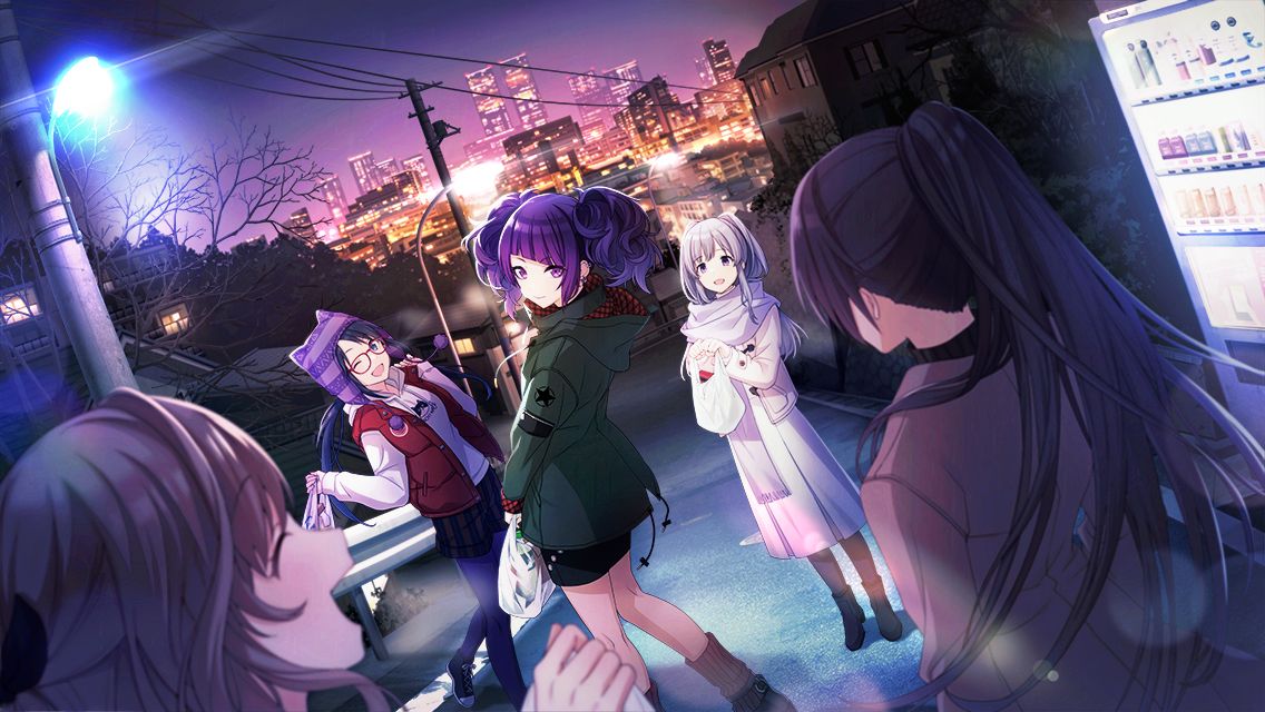 5girls ;d bag bare_tree black_hair black_pantyhose black_skirt bloom blunt_bangs blurry blurry_foreground boots brown_coat brown_hair city coat diagonal_bangs dutch_angle enpera from_behind game_cg glasses green_jacket grey_hair hat holding holding_bag hood hoodie idolmaster idolmaster_shiny_colors jacket l'antica_(idolmaster) lamppost leg_warmers lens_flare long_coat mitsumine_yuika multiple_girls night official_art one_eye_closed open_mouth outdoors pantyhose pantyhose_under_shorts plastic_bag pom_pom_(clothes) ponytail power_lines profile purple_hair red_vest road scarf shirase_sakuya short_twintails shorts skirt smile standing tanaka_mamimi tree tsukioka_kogane twintails vending_machine vest violet_eyes white_coat white_scarf winter_clothes yukoku_kiriko