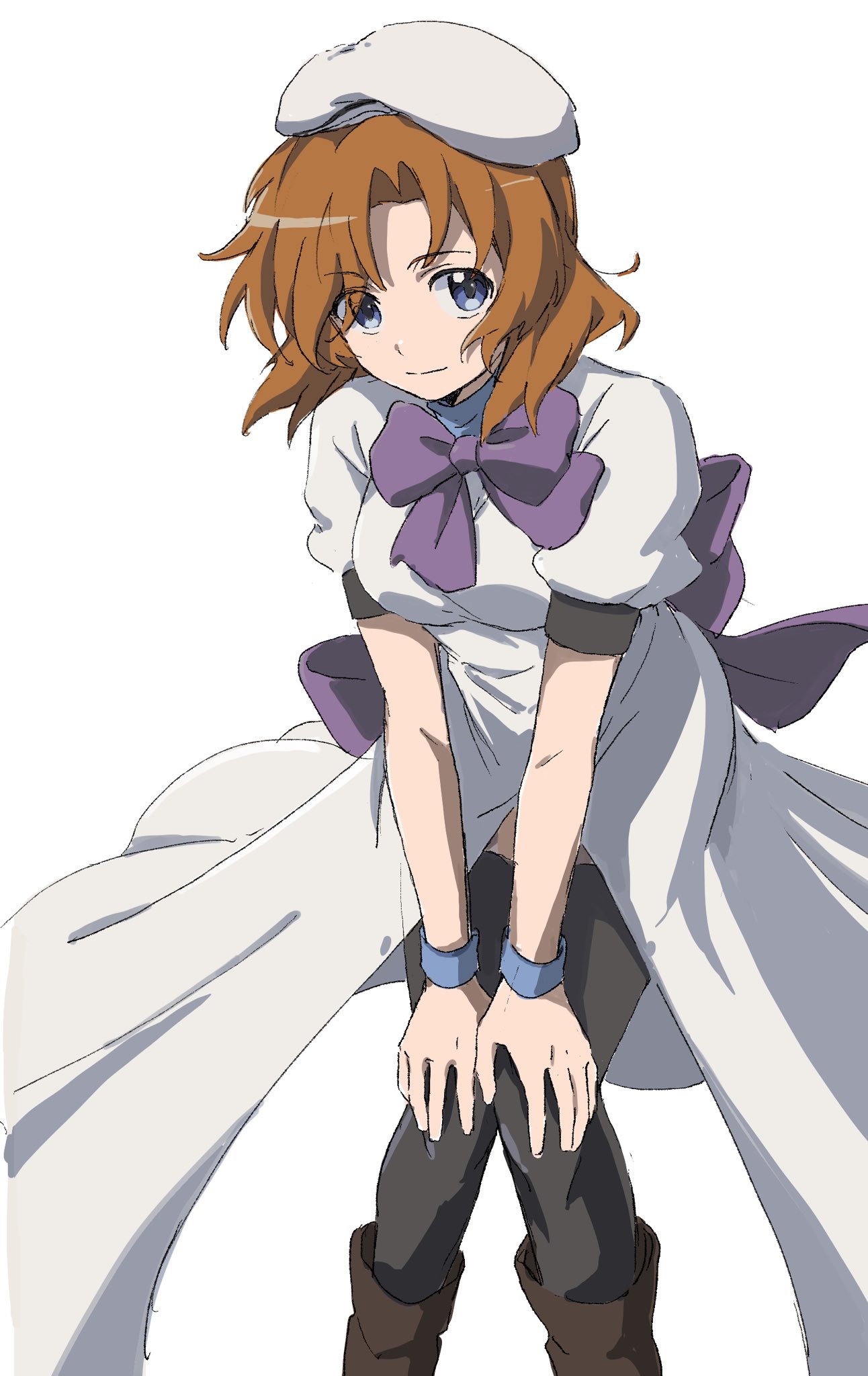1girl back_bow black_thighhighs blue_eyes bow bowtie brown_footwear closed_mouth dress feet_out_of_frame hands_on_own_knees highres higurashi_no_naku_koro_ni leaning_forward light_smile looking_at_viewer marutei2 medium_hair orange_hair puffy_short_sleeves puffy_sleeves purple_bow purple_bowtie ryuuguu_rena short_sleeves simple_background sketch smile solo thigh-highs white_background white_dress white_headwear
