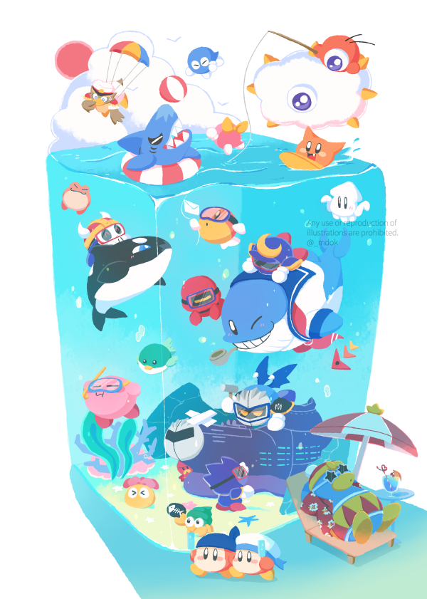 &gt;_&lt; :3 :d acro_(kirby) air_bubble armor artist_name axe_knight_(kirby) ball bandana bandana_waddle_dee beach_chair beach_umbrella beachball blipper blowfish_(kirby) blue_bandana blue_sailor_collar bubble chair closed_eyes closed_mouth clouds commentary_request coner coral crazy_straw cup diving_mask drink drinking_straw fake_horns fang fatty_whale fish fish_bone fishbone_(kirby) fishing_rod floral_print flotzo food gloves glunk_(kirby) gobbler_(kirby) goggles grin halberd_(airship) hammer hat hawaiian_shirt helmet holding holding_fishing_rod holding_food holding_hammer holding_popsicle horned_helmet horns innertube javelin_knight king_dedede kirby kirby_(series) kracko lalala_(kirby) lololo_(kirby) looking_down lounge_chair lounging mace_knight mask meta_knight midooka_(o_k_k) neckerchief one-eyed one_eye_closed open_clothes open_mouth open_shirt orca parachute pauldrons popsicle print_shirt red_headwear red_neckerchief red_shirt red_sun rock sailor_collar sailor_hat sailor_waddle_dee scarfy seaweed shade shadow sharp_teeth shipwreck shirt shoulder_armor simple_background smile smoking_pipe snorkel spikes squid squishy_(kirby) star-shaped_eyewear star_(symbol) starfish submerged sun sunglasses surfboard surfing swimming table teeth trident_knight twitter_username umbrella waddle_doo water watermark white-framed_eyewear white_background white_gloves white_headwear wings yellow_eyes