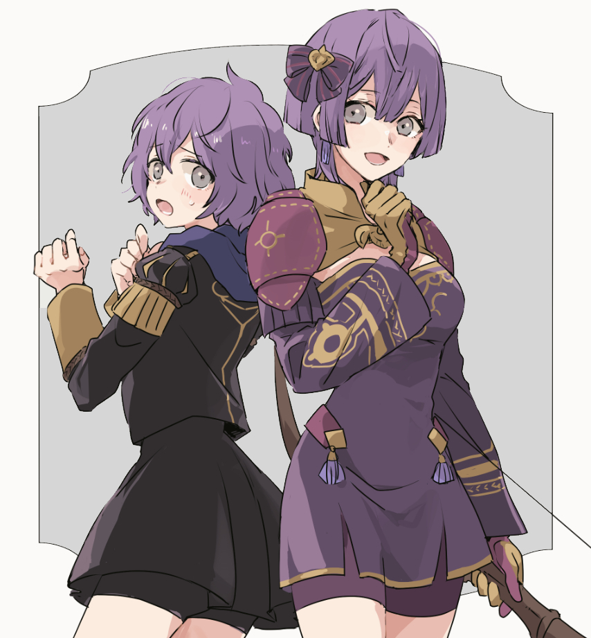 2girls age_difference armor back-to-back bernadetta_von_varley blush bob_cut bow bow_(weapon) commentary_request dress fire_emblem fire_emblem:_three_houses garreg_mach_monastery_uniform gloves grey_eyes hair_between_eyes hair_bow holding holding_bow_(weapon) holding_weapon hood hood_down juliet_sleeves long_sleeves looking_at_viewer multiple_girls puffy_sleeves purple_bow purple_dress purple_hair short_hair shoulder_armor smile sweatdrop tenjin_(ahan) time_paradox weapon yellow_gloves