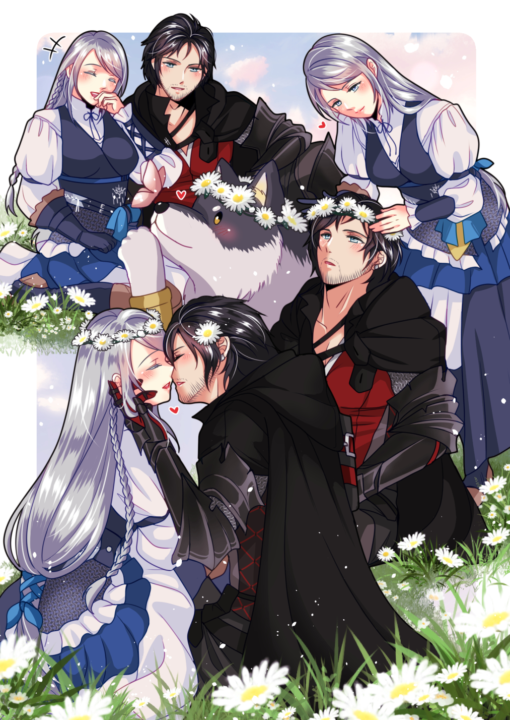 1boy 1girl armor babigonice black_hair blush braid clive_rosfield couple dog earrings field final_fantasy final_fantasy_xvi flower flower_field grey_hair hair_ribbon hand_on_another's_face head_wreath heart highres imminent_kiss jewelry jill_warrick laughing long_hair ribbon scar scar_on_face simple_background smile torgal_(ff16) very_long_hair white_flower
